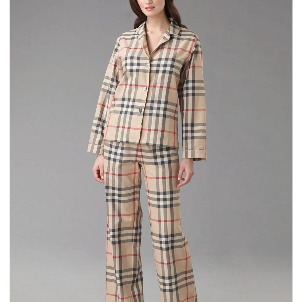 Burberry Beige Nova Check Cotton Pajama Set with Black & Red Stripes